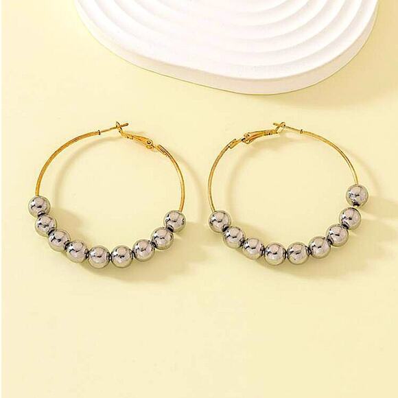 Gold Hoop Silver Ball Earrings, Oversized, Exaggerated, Drop, Dangle, Beaded - Picture 2 of 5